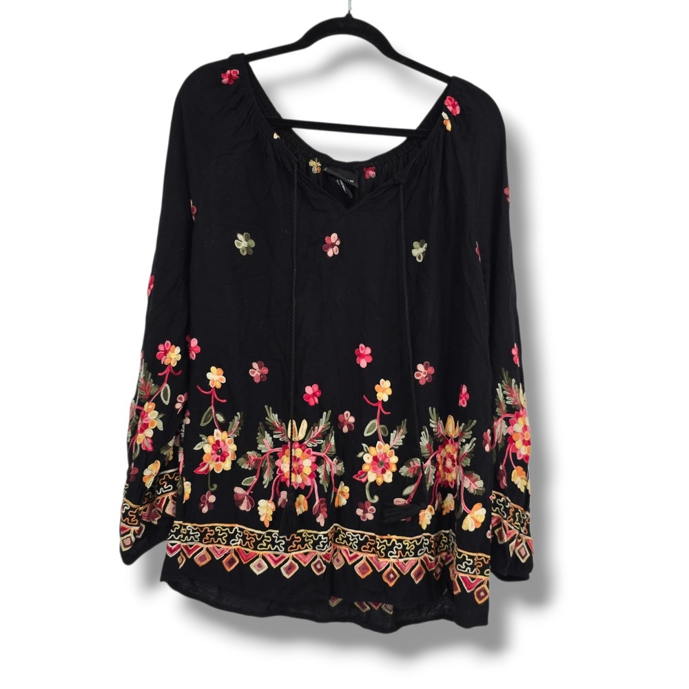Liv Los Angeles Black Floral Embroidered Peasant Blouse Tassel Boho Top SB1133 L
